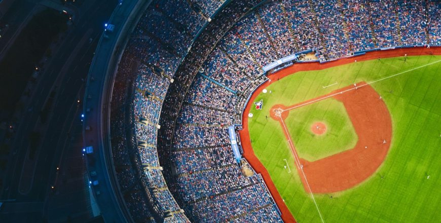 Aerial view of sports stadium with 5G small cells deployed for comprehensive stadium and venue coverage