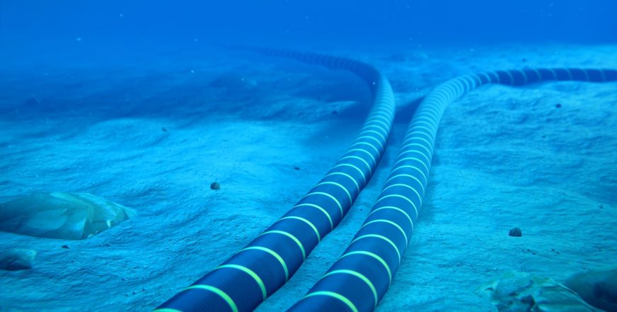 Submarine cables at the bottom of the ocean