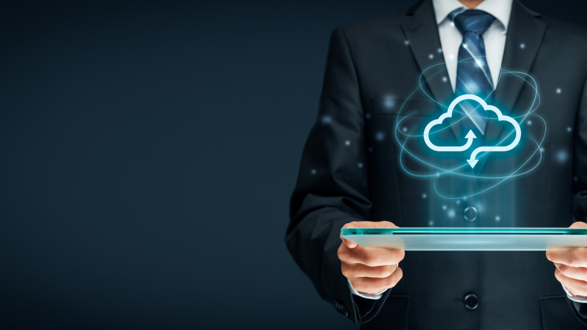 Telecom professional practically implementing virtualisation on device with cloud computing icon