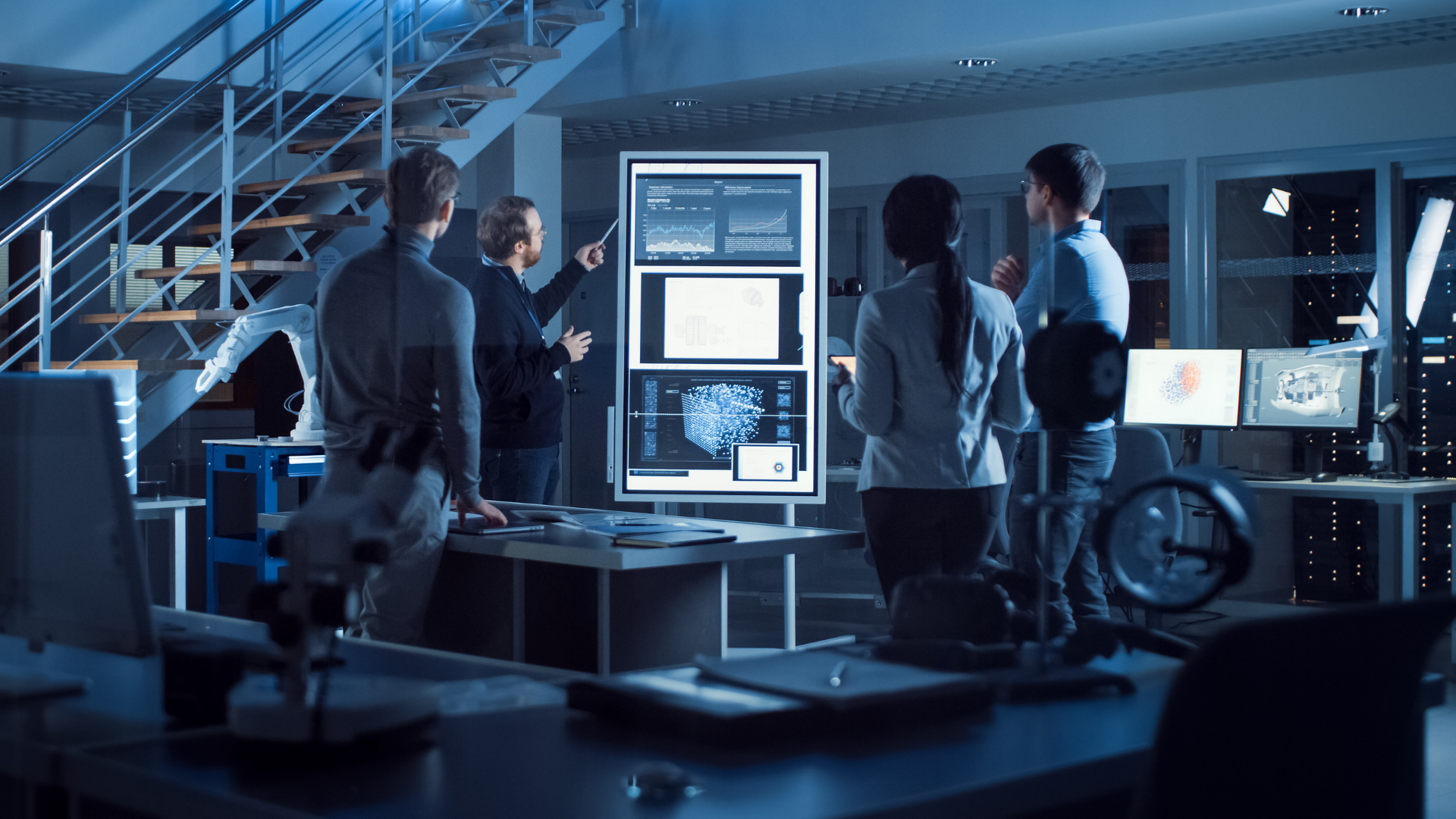 Project manager leads meeting with a team of electronic development engineers using a digital whiteboard explaining neural network technology, AI and machine learning