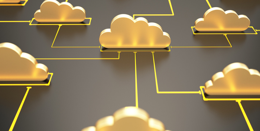 Connected 3D cloud icons to represent software defined and open radio access network architecture