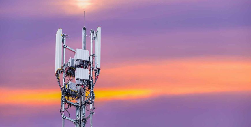 5G antenna and receiver against sunset background