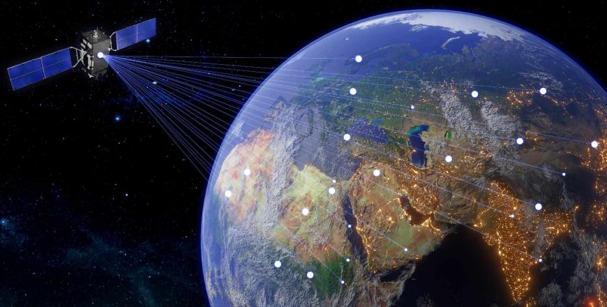 Satellite in orbit transmitting signals to points on earth