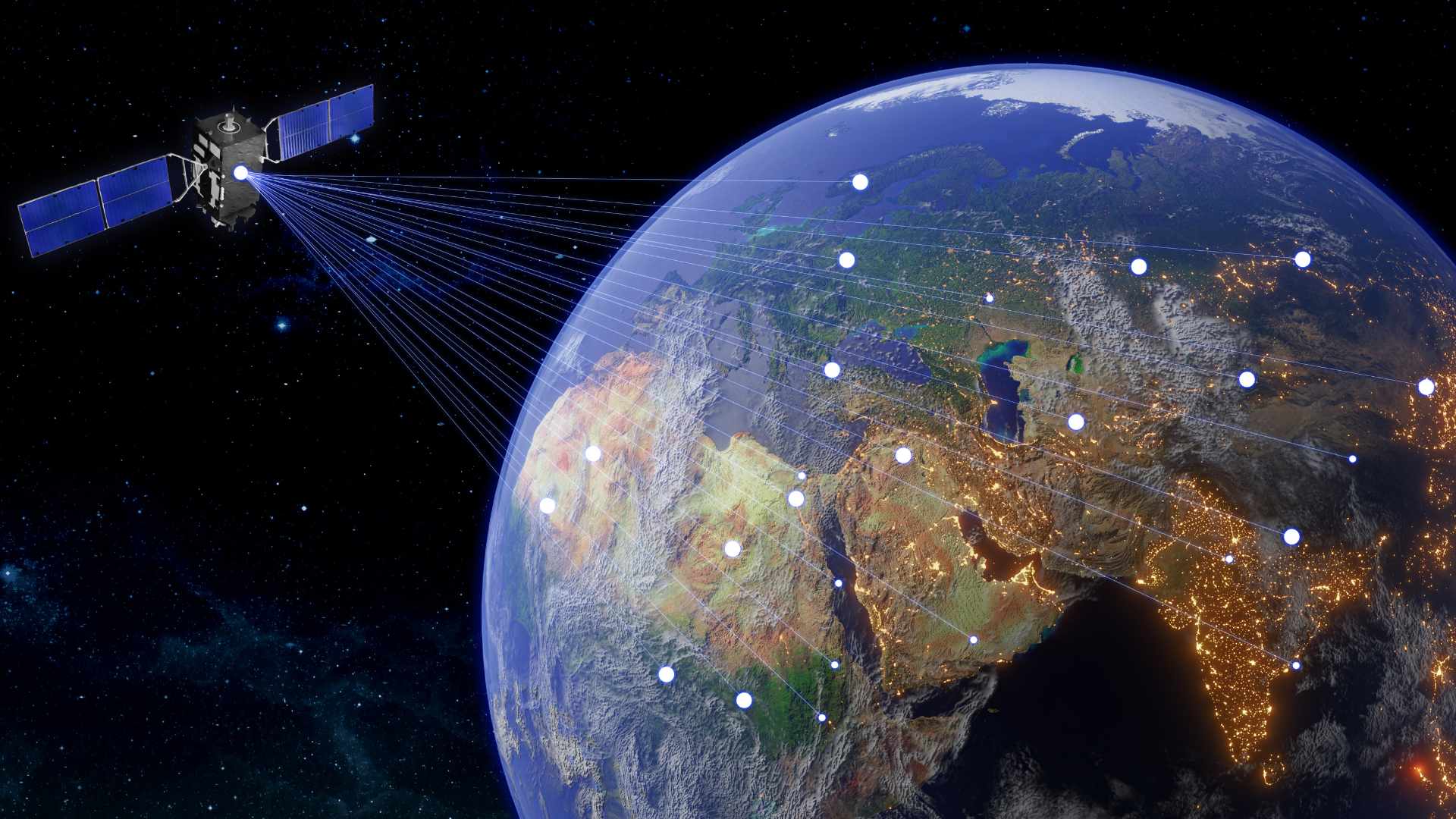 Satellite in orbit transmitting signals to points on earth