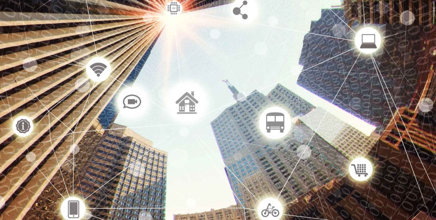 Buildings in smart city connected by wireless communication network