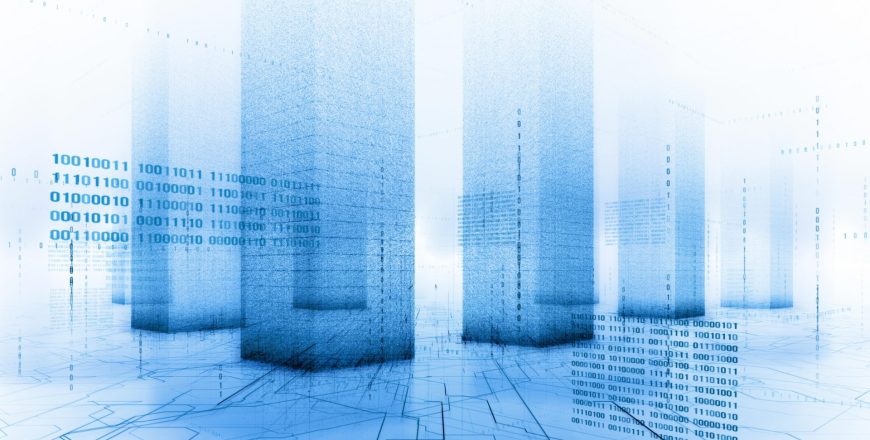 digitally rendered image of server racks in a data center with 0 and 1 digits