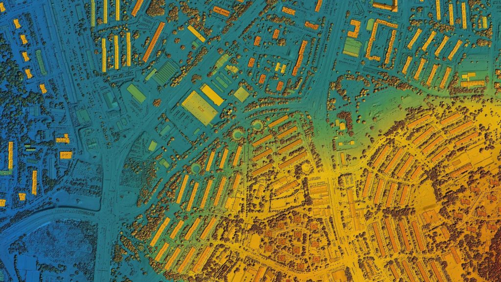 Digital elevation model of an urban area. GIS product made after processing aerial pictures taken from a drone. It shows city area with roads, junctions and suburbs.