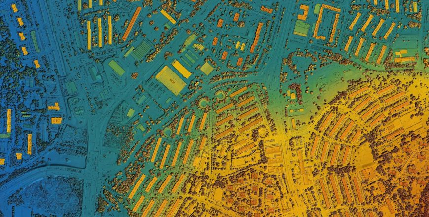 Digital elevation model of an urban area. GIS product made after processing aerial pictures taken from a drone. It shows city area with roads, junctions and suburbs.