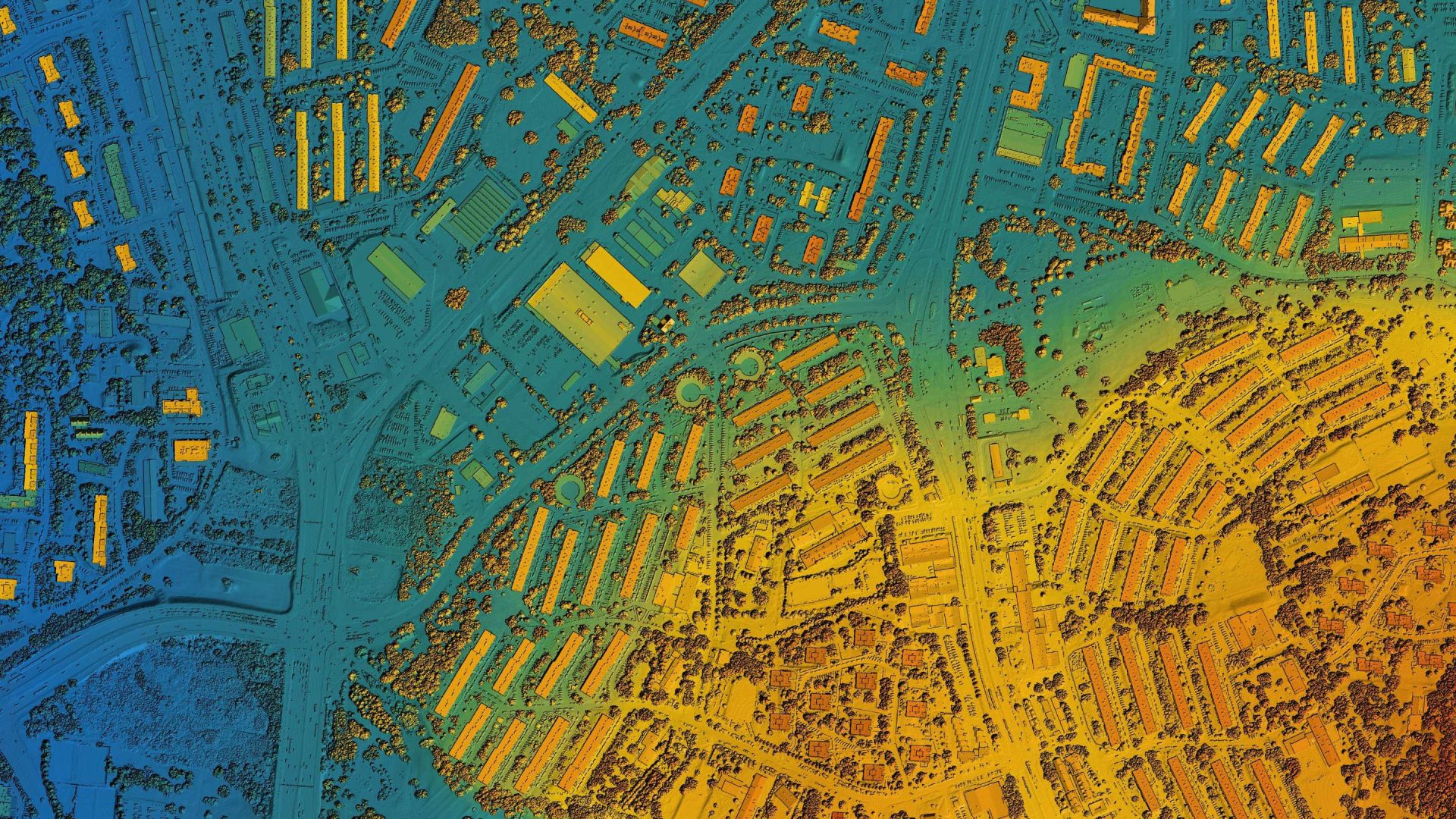 Digital elevation model of an urban area. GIS product made after processing aerial pictures taken from a drone. It shows city area with roads, junctions and suburbs.