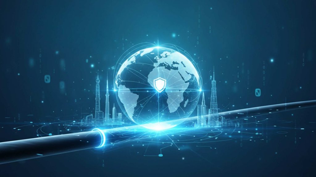 Submarine cable running through globe and smart city to represent global interconnectivity