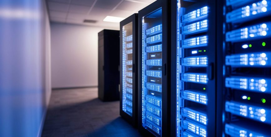 Data Center Server Racks with Blue Lights