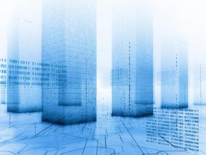 digitally rendered image of server racks in a data center with 0 and 1 digits