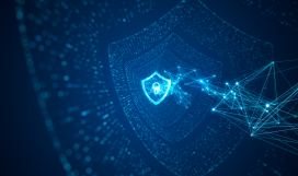 Shield with keyhole icon on digital data background illustrating a safe and secure network that wards off cyber threats and attacks