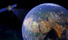 Satellite in orbit transmitting signals to points on earth