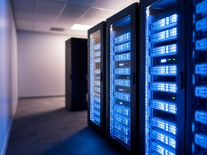 Data Center Server Racks with Blue Lights