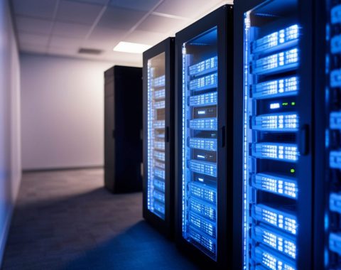 Data Center Server Racks with Blue Lights