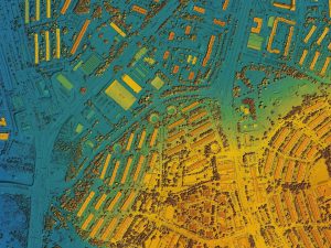 Digital elevation model of an urban area. GIS product made after processing aerial pictures taken from a drone. It shows city area with roads, junctions and suburbs.