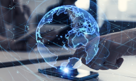 Hand touching mobile phone screen with 3D digital globe to enable global connectivity powered by IP network and data transmission