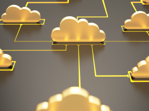 Connected 3D cloud icons to represent software defined and open radio access network architecture