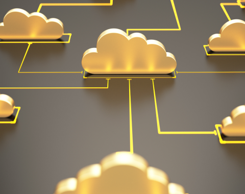 Connected 3D cloud icons to represent software defined and open radio access network architecture