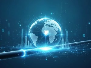 Submarine cable running through globe and smart city to represent global interconnectivity