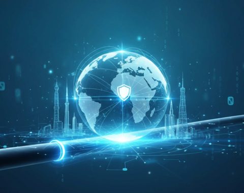 Submarine cable running through globe and smart city to represent global interconnectivity